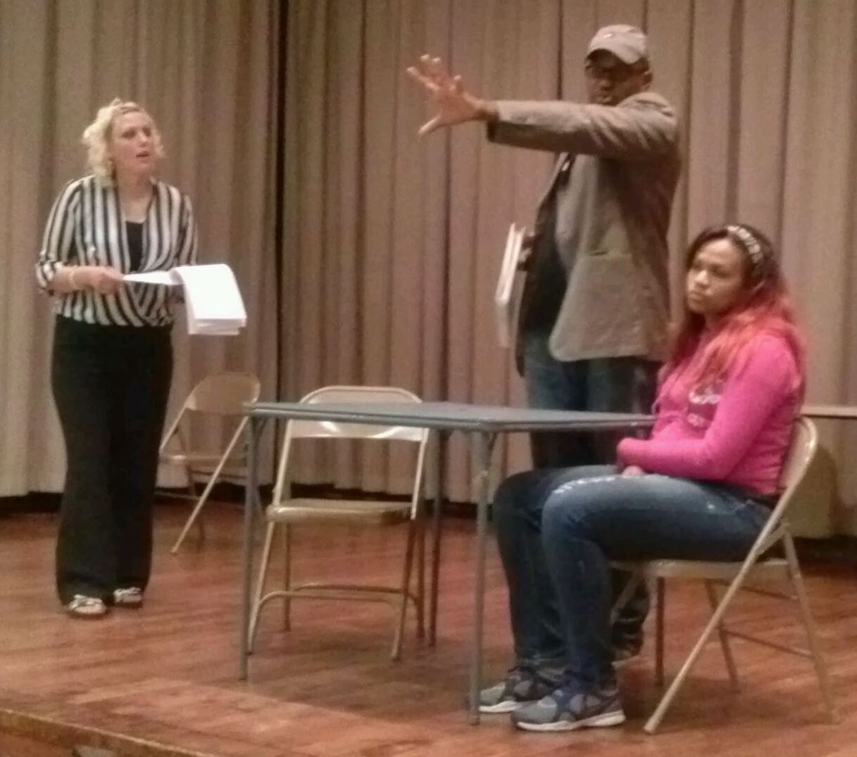 Alpena actress Raychel Roxy, writer & director Push Nevahda and Detroit actress Rachel Smith rehearsing scene in upcoming production of Presumed Incompetent 